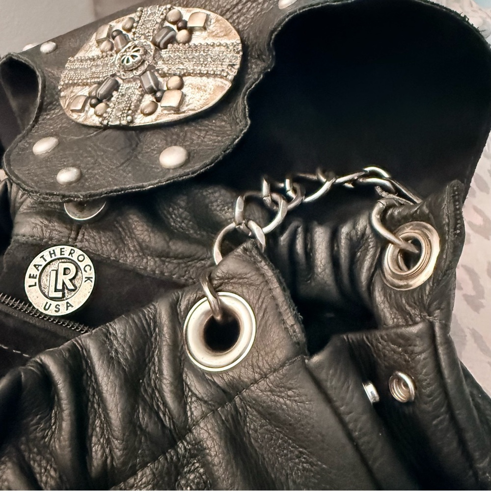 Vintage LEATHEROCK USA Black Pebbled Leather Jewel Studded Rocker Hobo Y2K Biker - Picture 2 of 16